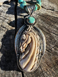 Load image into Gallery viewer, Hand Carved Horse Pendant Necklace- Turquoise & Leather