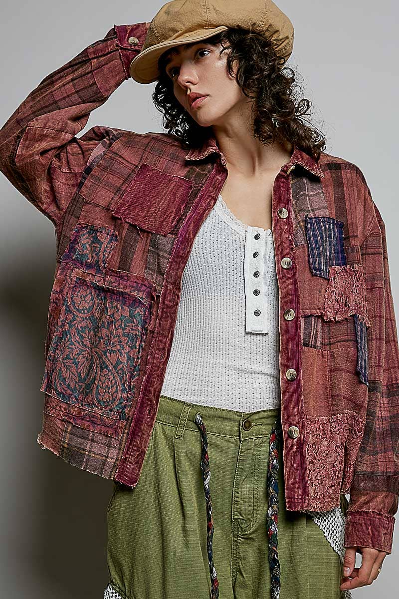 Vintage Wash Plaid Patchwork Long Sleeve Top