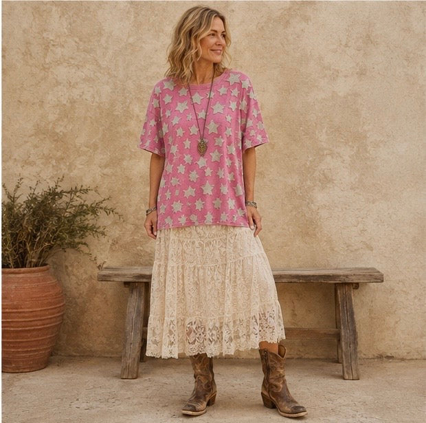 Star Applique Cotton Tee in Hot Pink