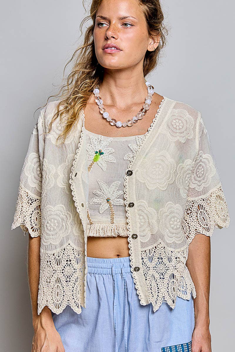 Crochet Trim Neckline Short Sleeve Jacket Top