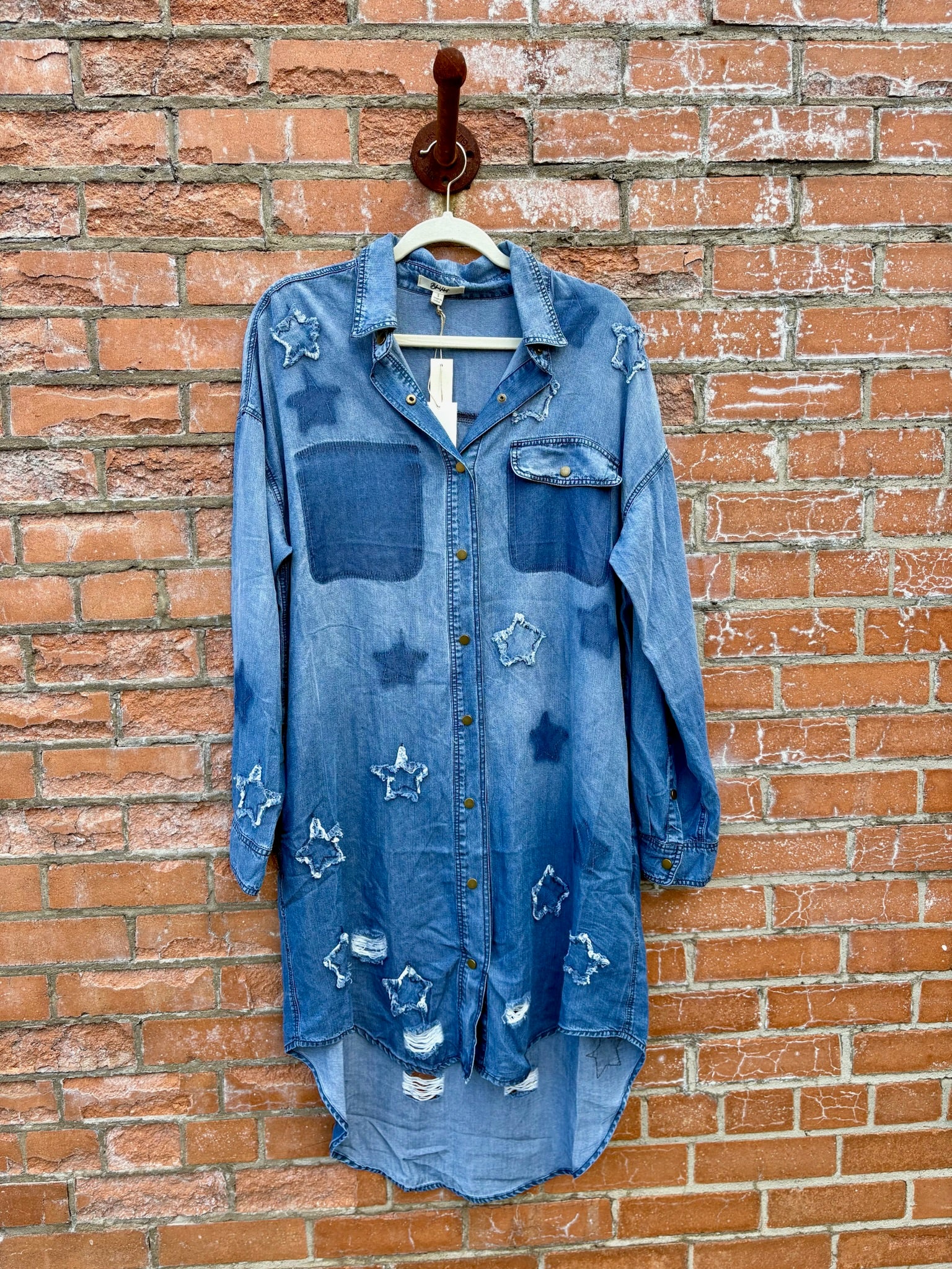 Lightweight Chambray Star Patch Button-Up Dress