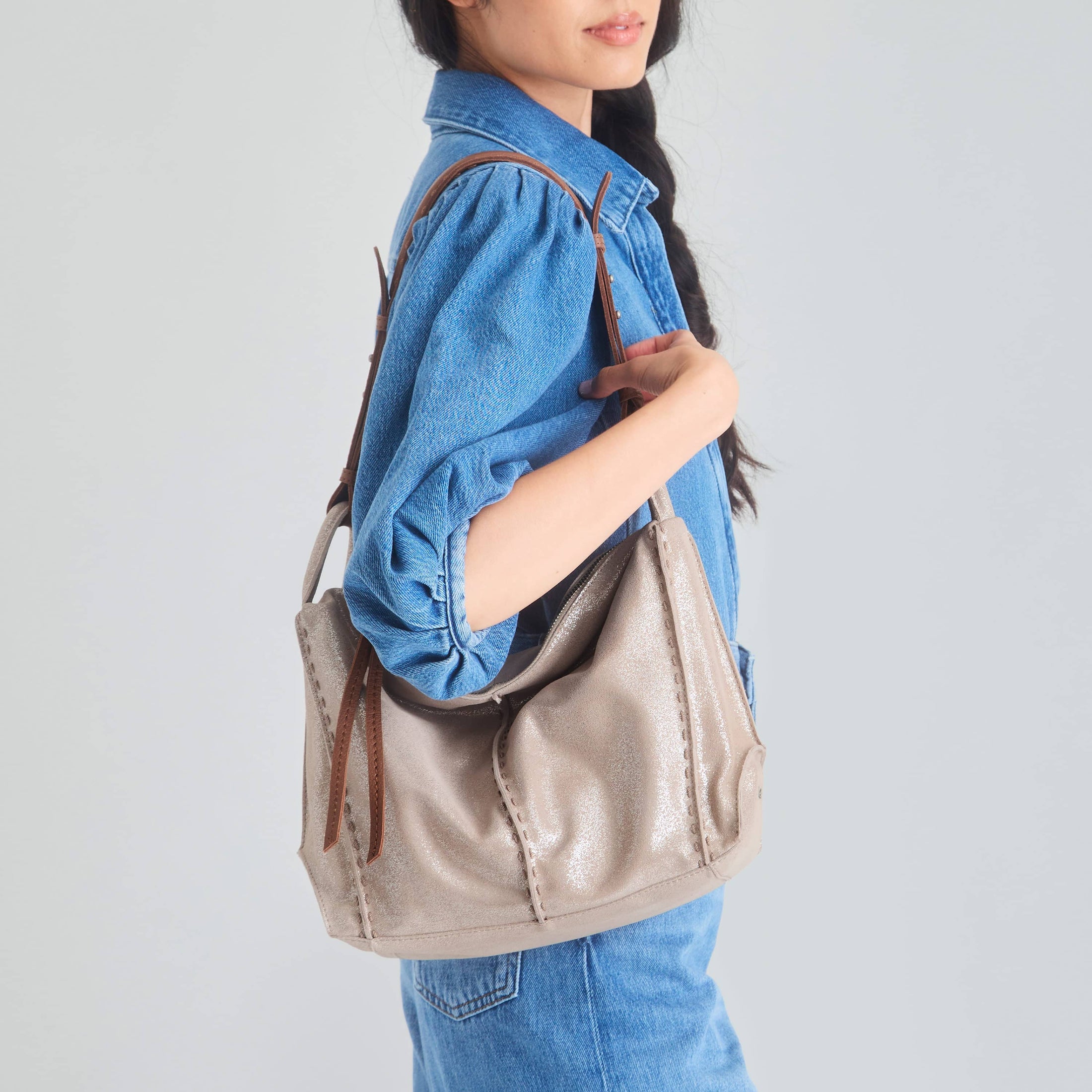Los Feliz Hobo - Leather - Sand Sparkle Suede