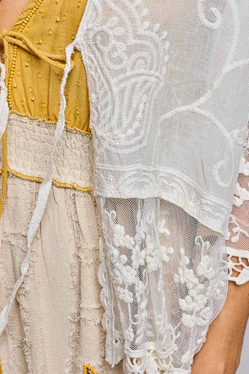 1/2 Sleeve Lace Ruffle Trim Opening Solid Crochet Cardigan