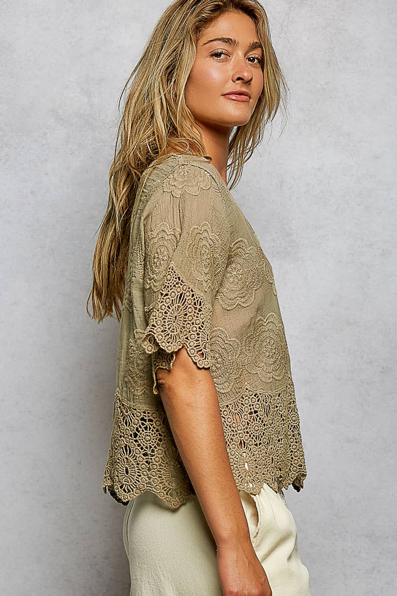 Crochet Trim Neckline Short Sleeve Jacket Top