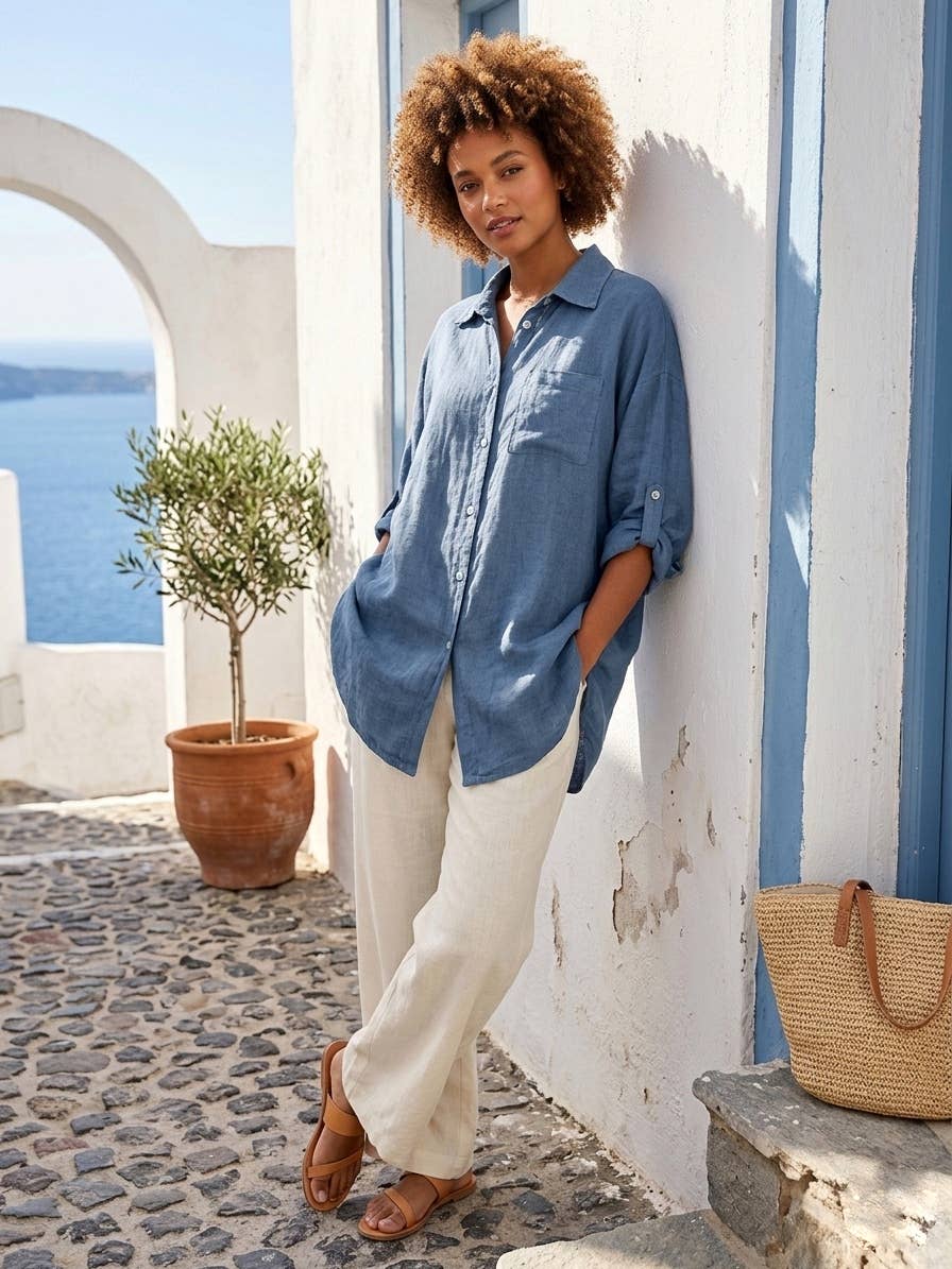 29122 LINEN OVERSIZED BLOUSE WITH CHEST POCKET