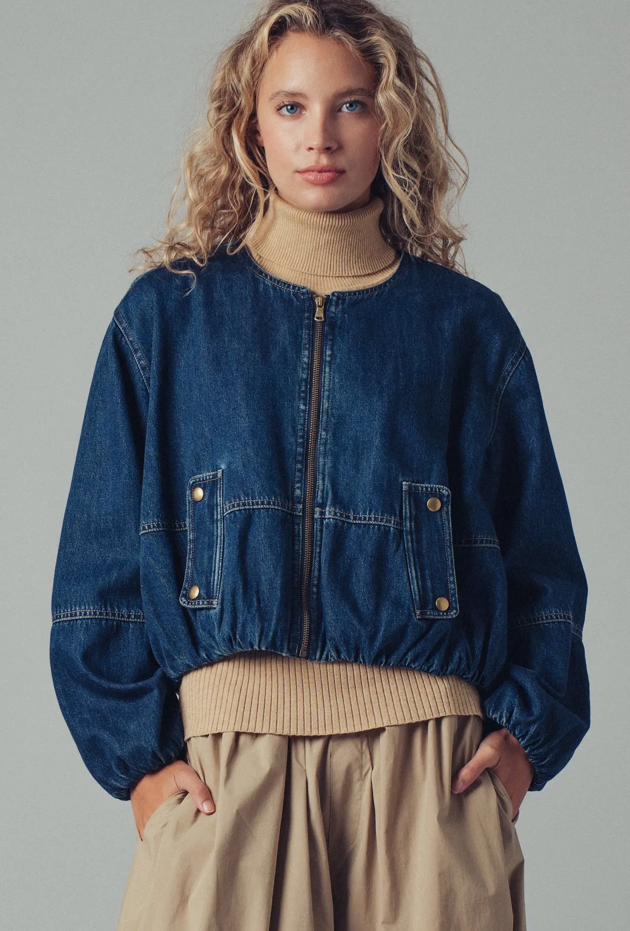 Chic Utility Zip-Up Denim Bomber Jacket