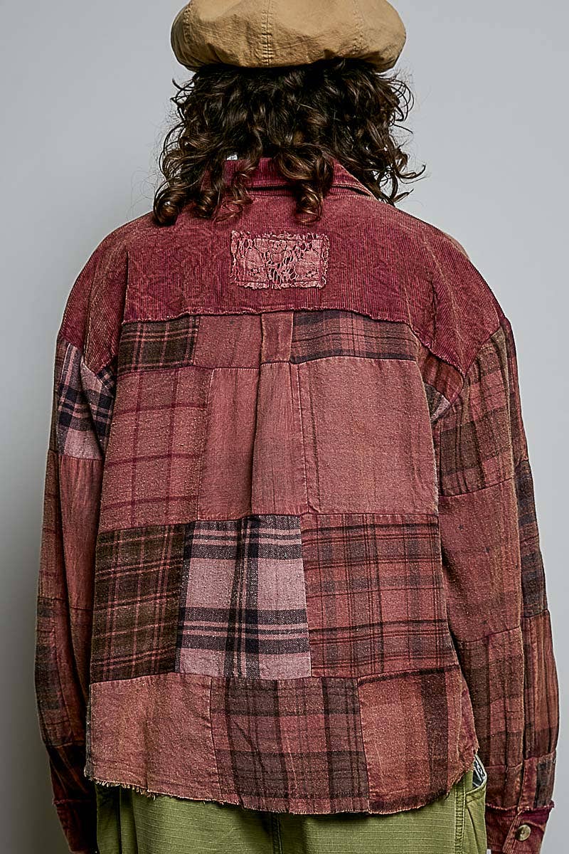 Vintage Wash Plaid Patchwork Long Sleeve Top
