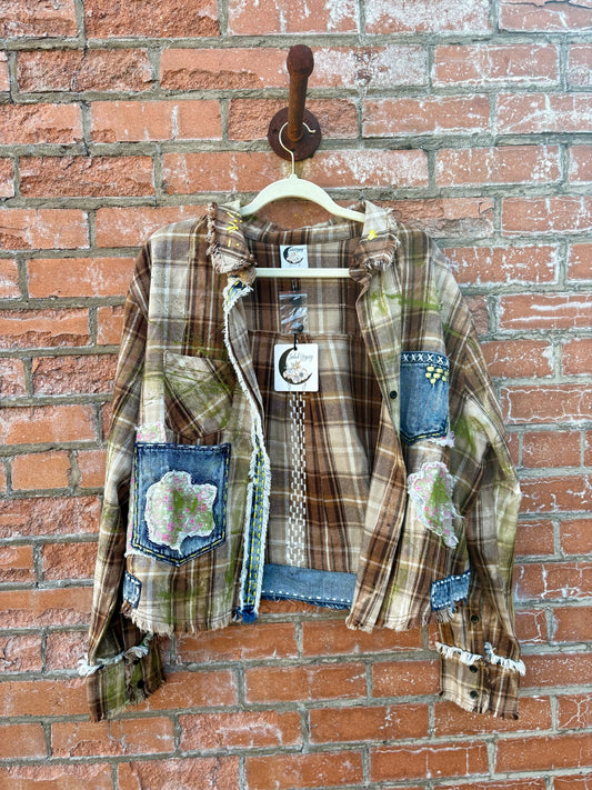 Sagebrush Flannel by Jaded Gypsy – Patchwork Boho Button-Up in Taupe