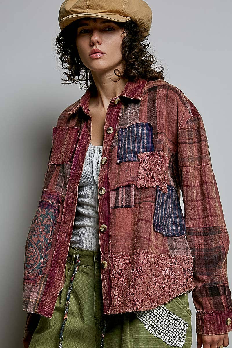 Vintage Wash Plaid Patchwork Long Sleeve Top