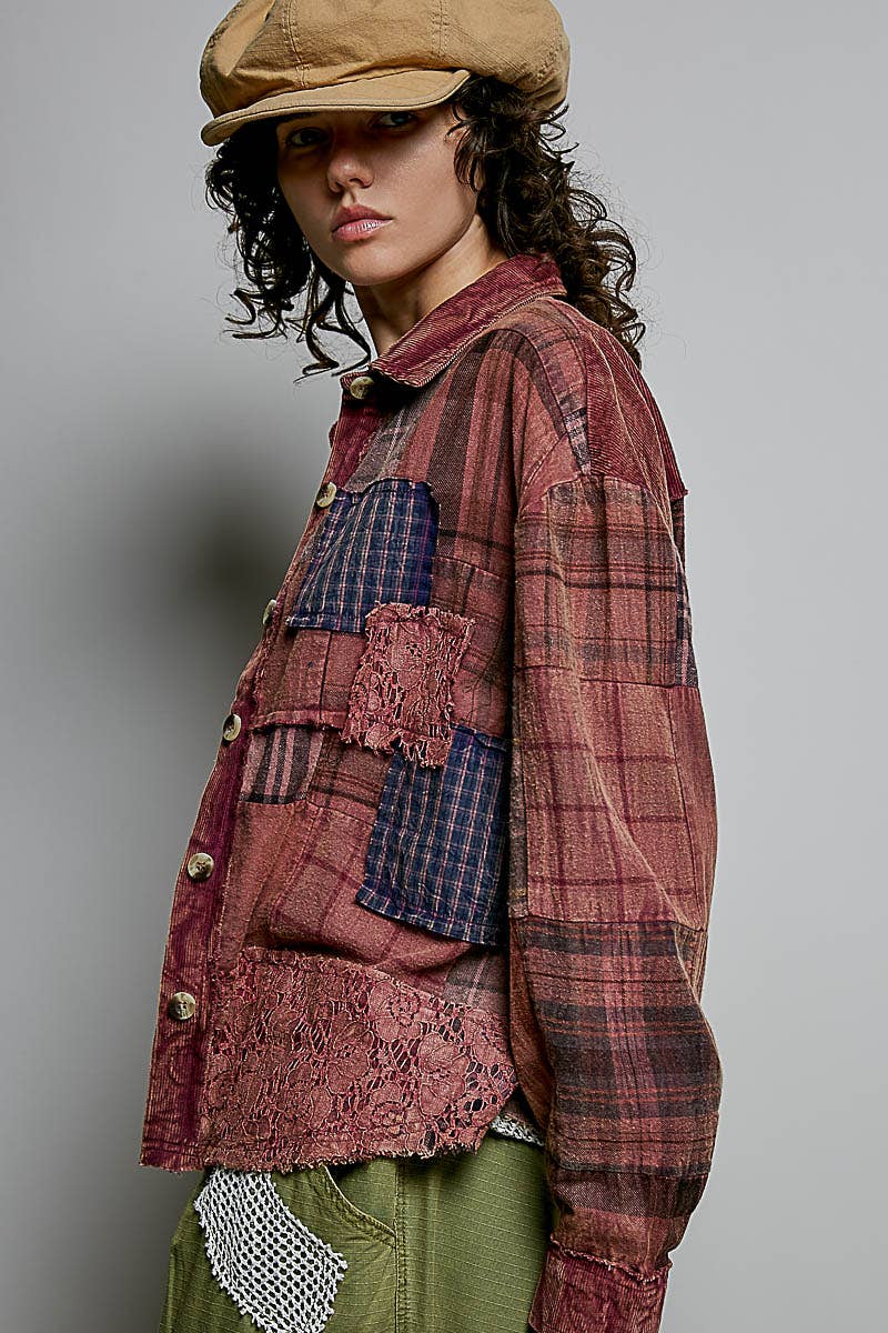 Vintage Wash Plaid Patchwork Long Sleeve Top