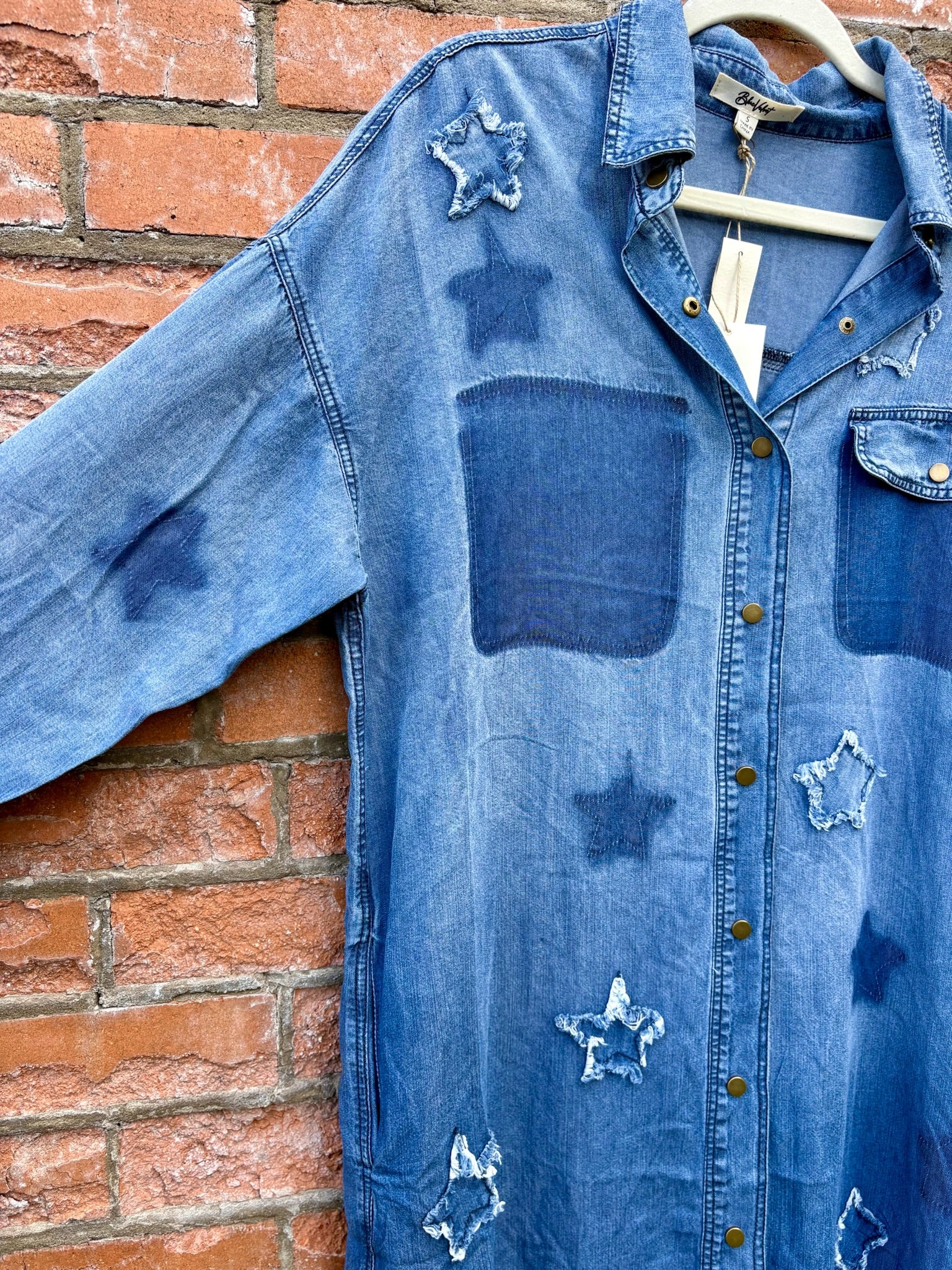 Lightweight Chambray Star Patch Button-Up Dress
