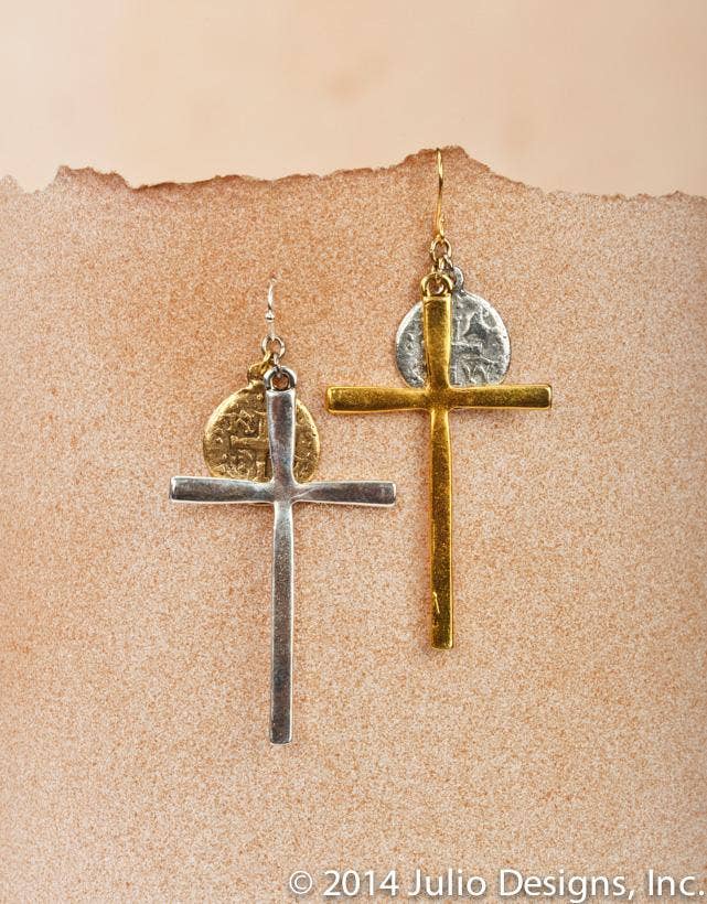 Orchid Cross and Coin Mixed Metal Earring