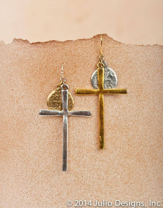 Orchid Cross and Coin Mixed Metal Earring