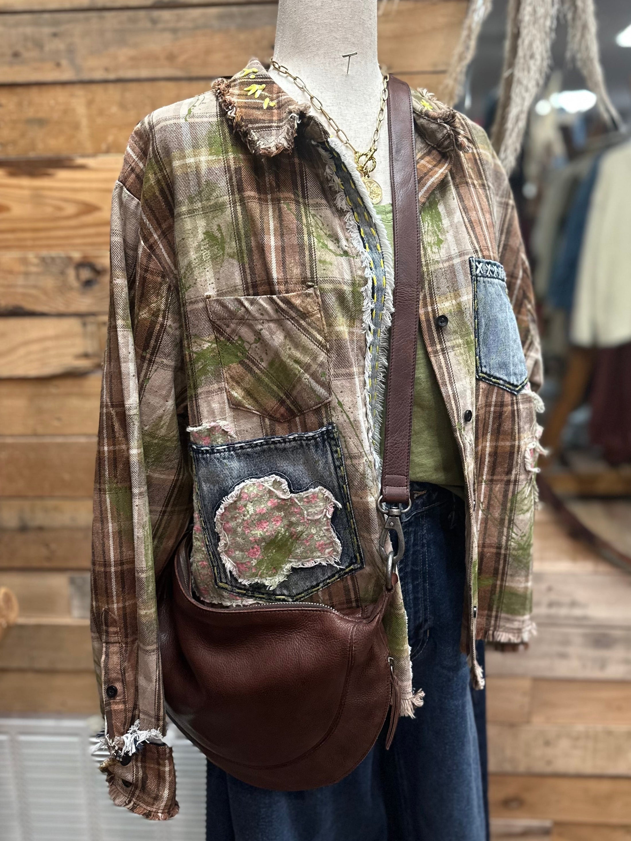 Sagebrush Flannel by Jaded Gypsy – Patchwork Boho Button-Up in Taupe