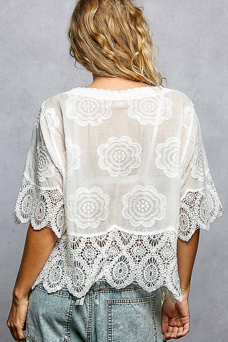 Crochet Trim Neckline Short Sleeve Jacket Top