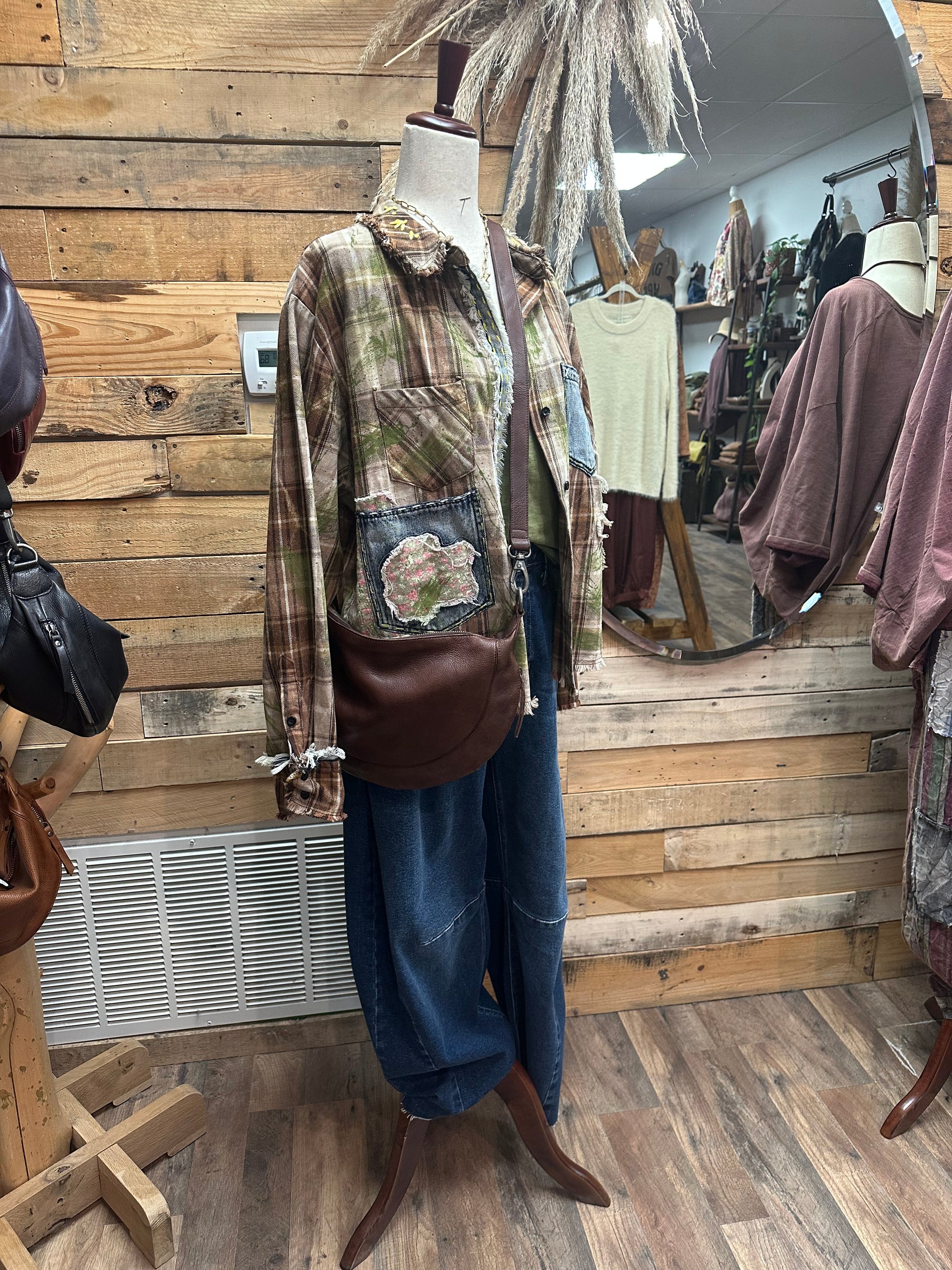 Sagebrush Flannel by Jaded Gypsy – Patchwork Boho Button-Up in Taupe