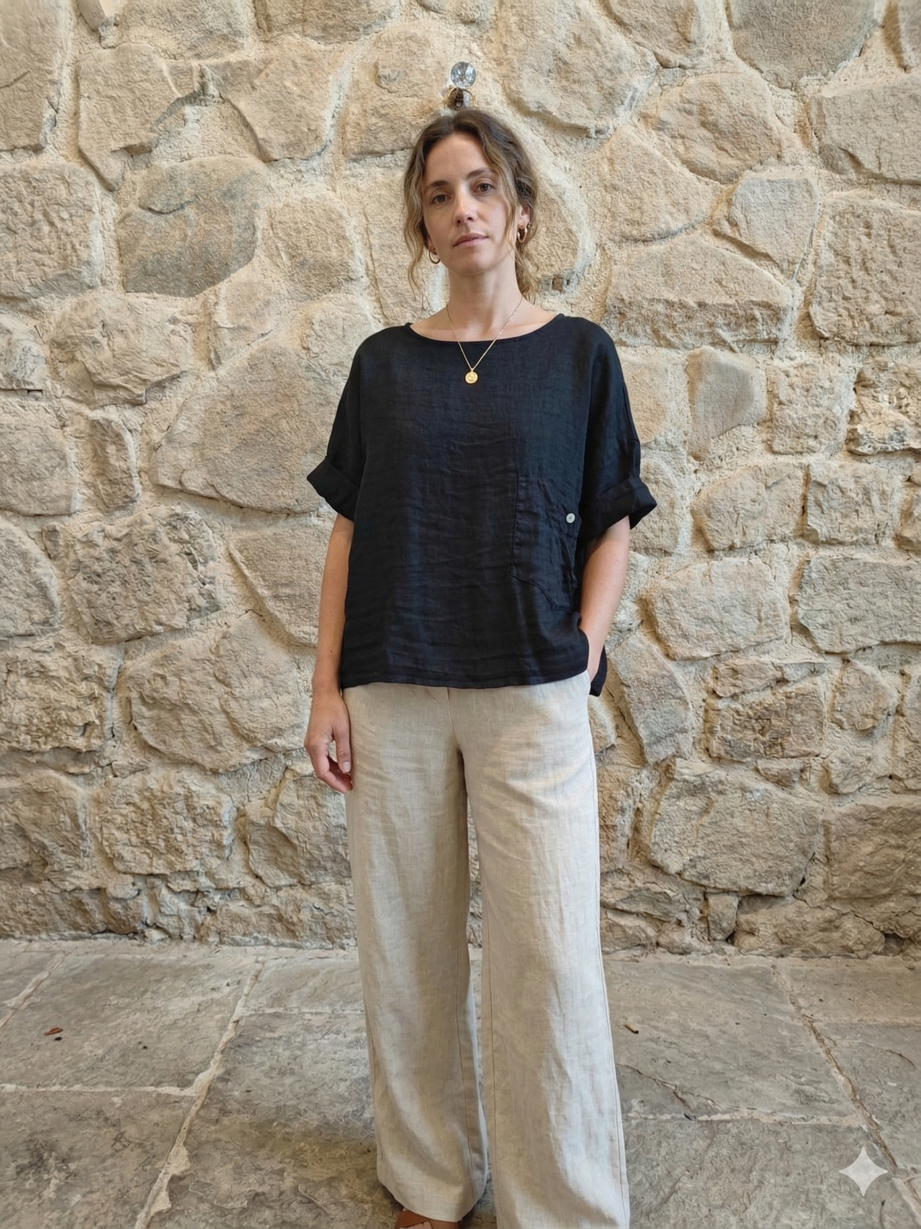 Ref-83773  100% LINEN   SIDE-TIE BLOUSE