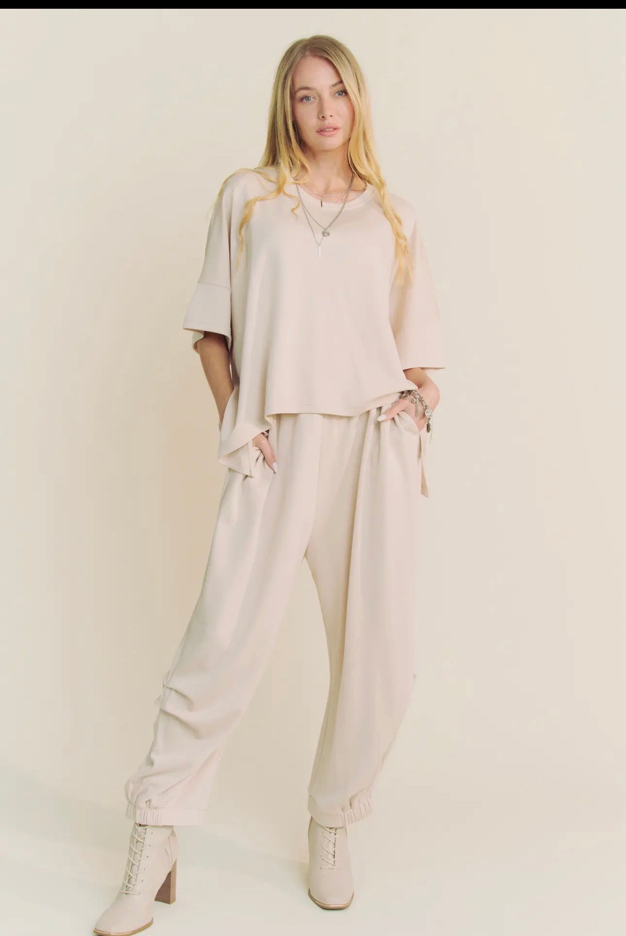 Solid Flowy Two-Piece Set — Cream, Black & Forest Green