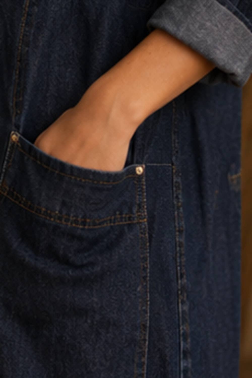 Button Down Relaxed Denim Jumpsuit in Dark Wash