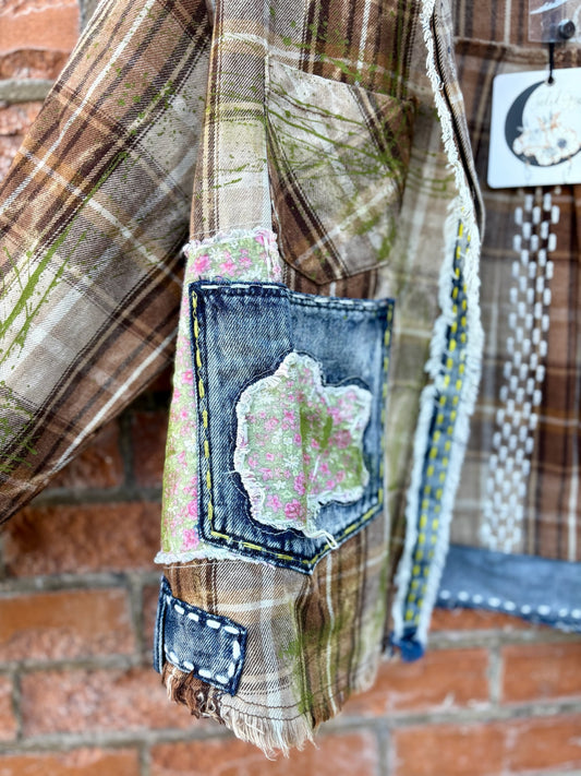 Sagebrush Flannel by Jaded Gypsy – Patchwork Boho Button-Up in Taupe