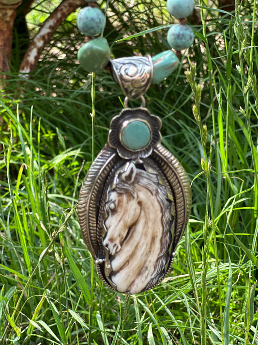Hand Carved Bone Horse Statement Necklace
