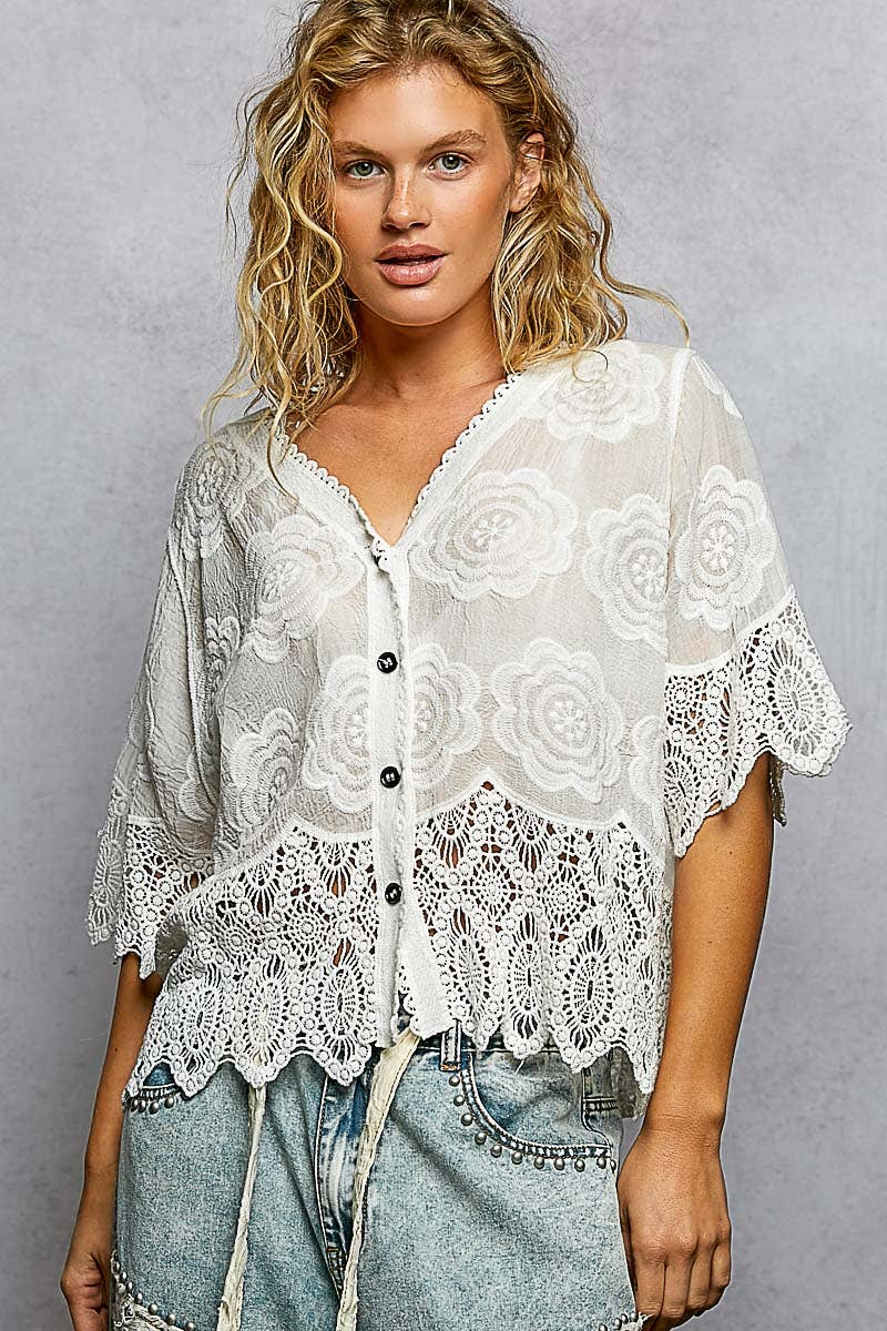 Crochet Trim Neckline Short Sleeve Jacket Top