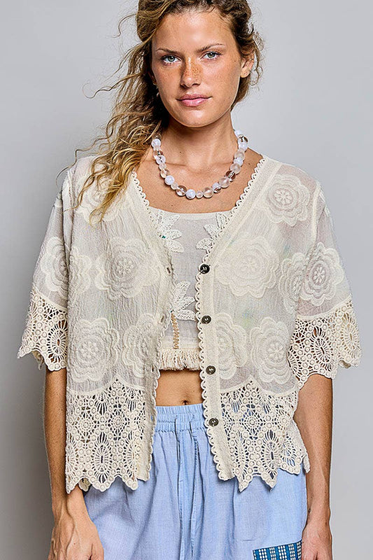 Crochet Trim Neckline Short Sleeve Jacket Top