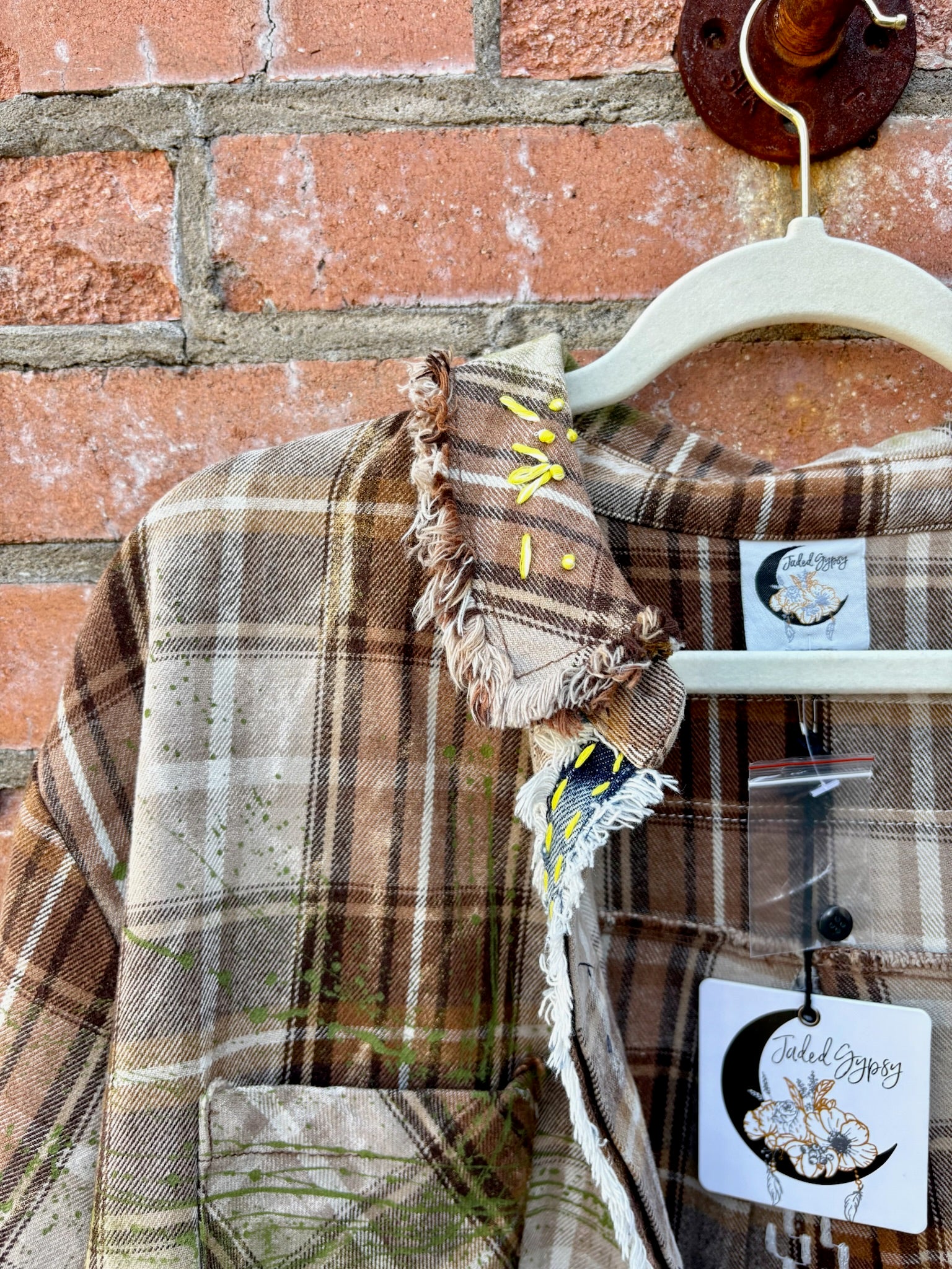 Sagebrush Flannel by Jaded Gypsy – Patchwork Boho Button-Up in Taupe