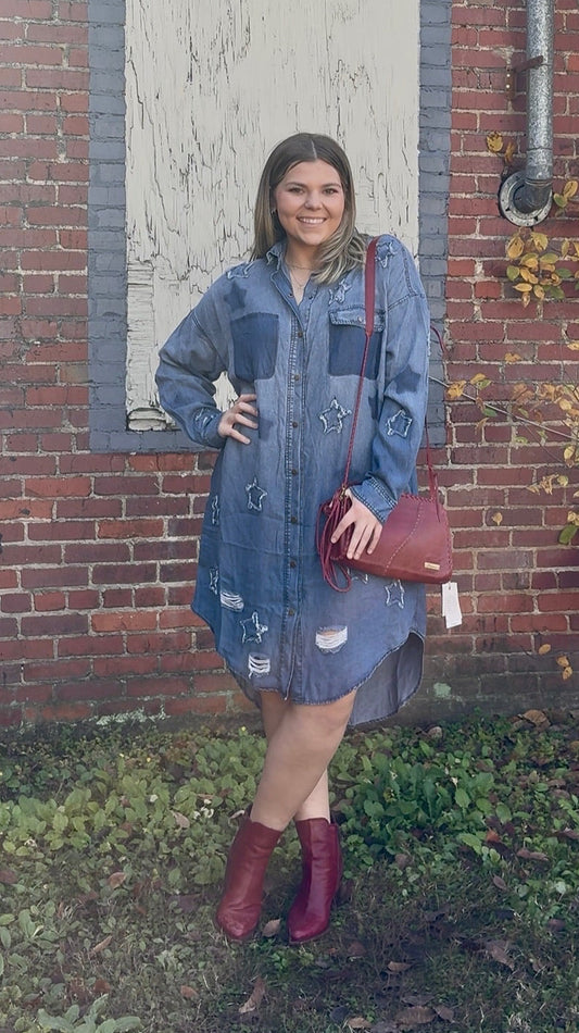 Lightweight Chambray Star Patch Button-Up Dress