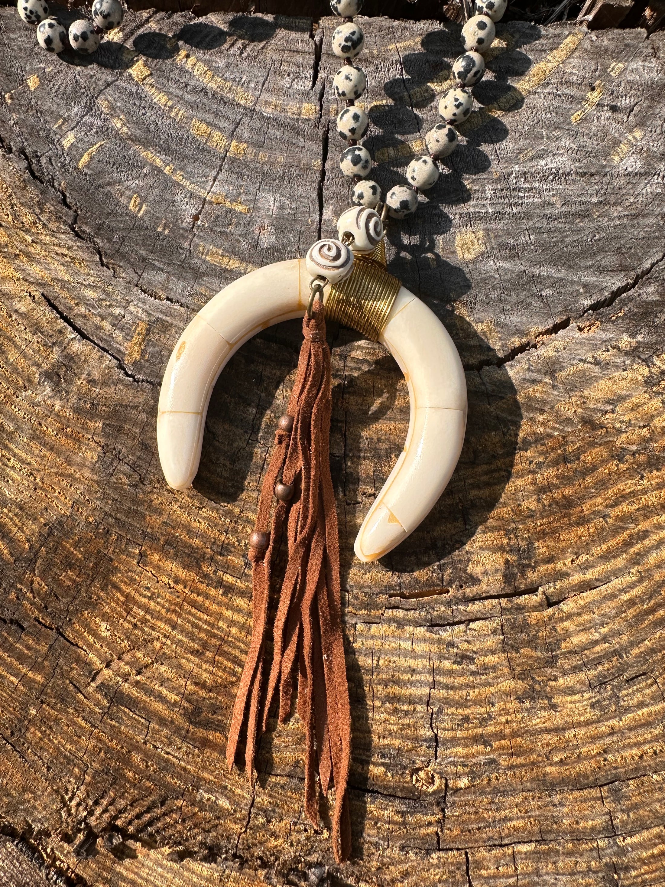 Handmade Bone & Dalmatian Jasper Statement Necklace with Leather Fringe