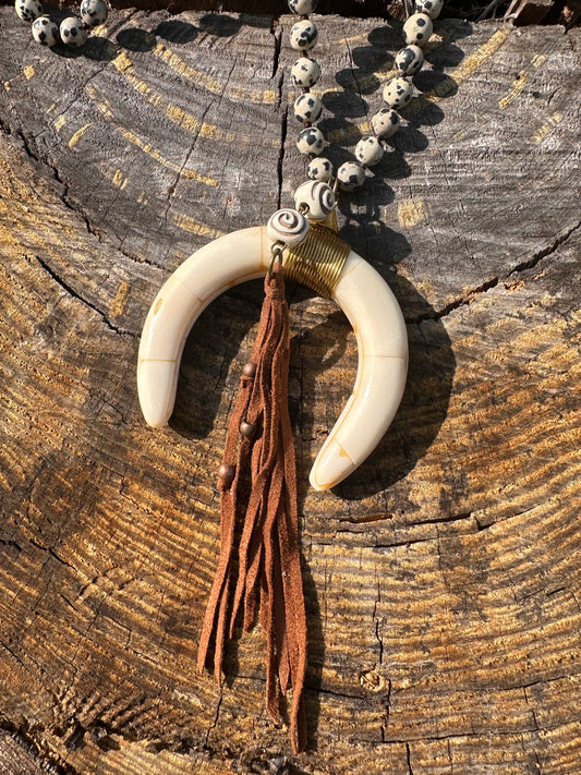 Handmade Bone & Dalmatian Jasper Statement Necklace with Leather Fringe