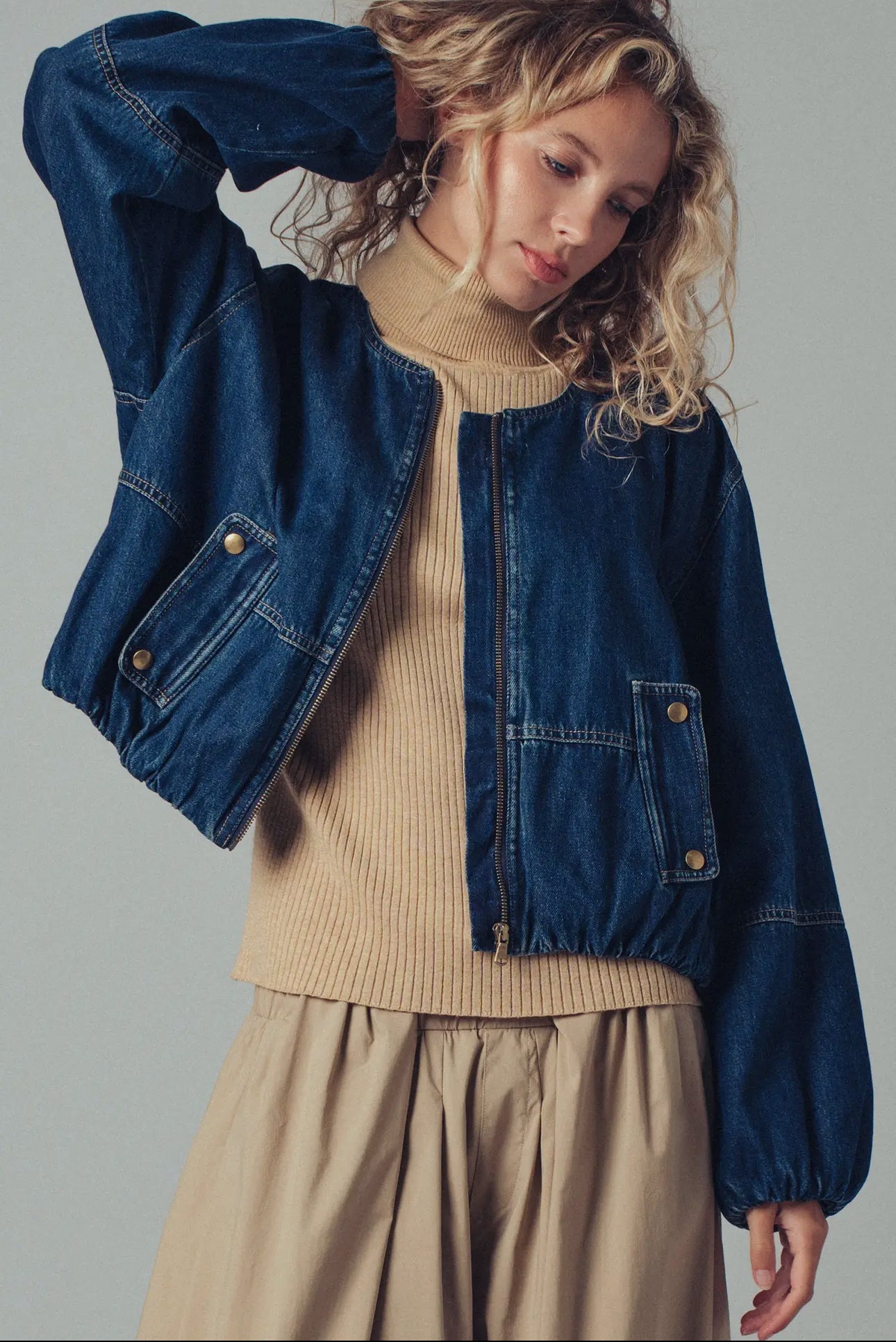 Chic Utility Zip-Up Denim Bomber Jacket