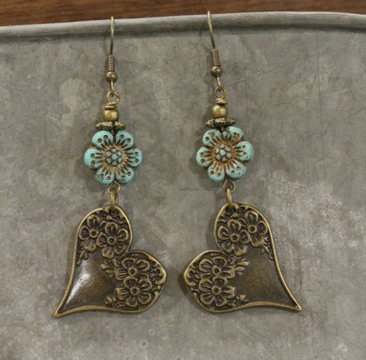 Czech + Bronze Mini Heart Charm Dangle Earrings