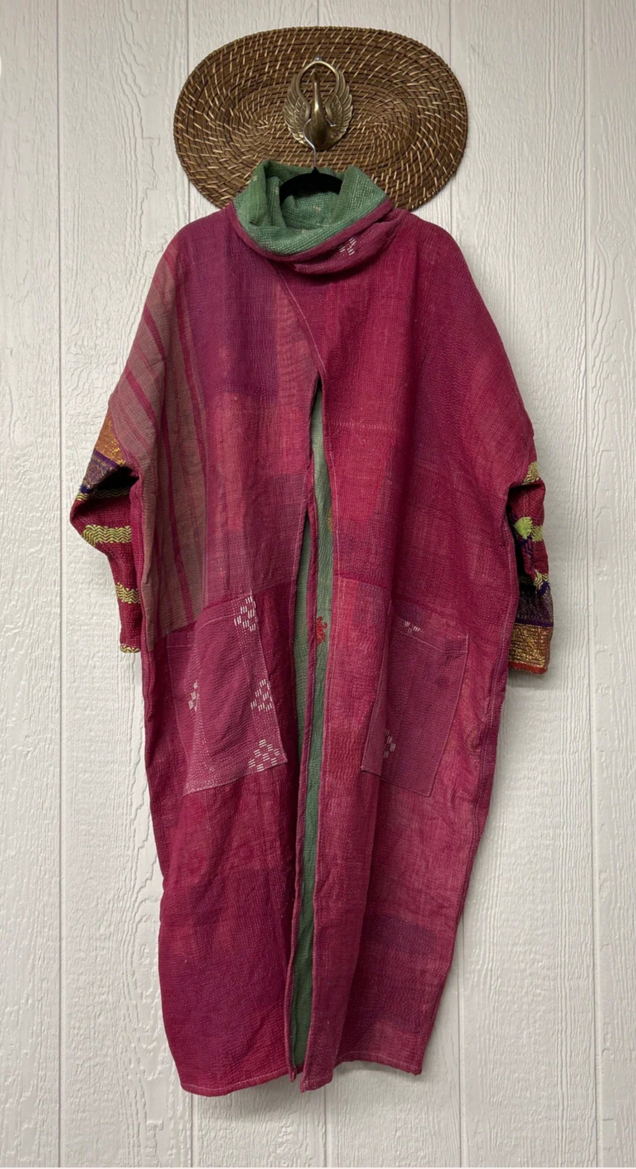 Pink and turquoise reversible cowl split tunic by Kantha Bae. 