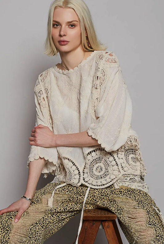 Crochet and Embroidery Top by POL in Cream