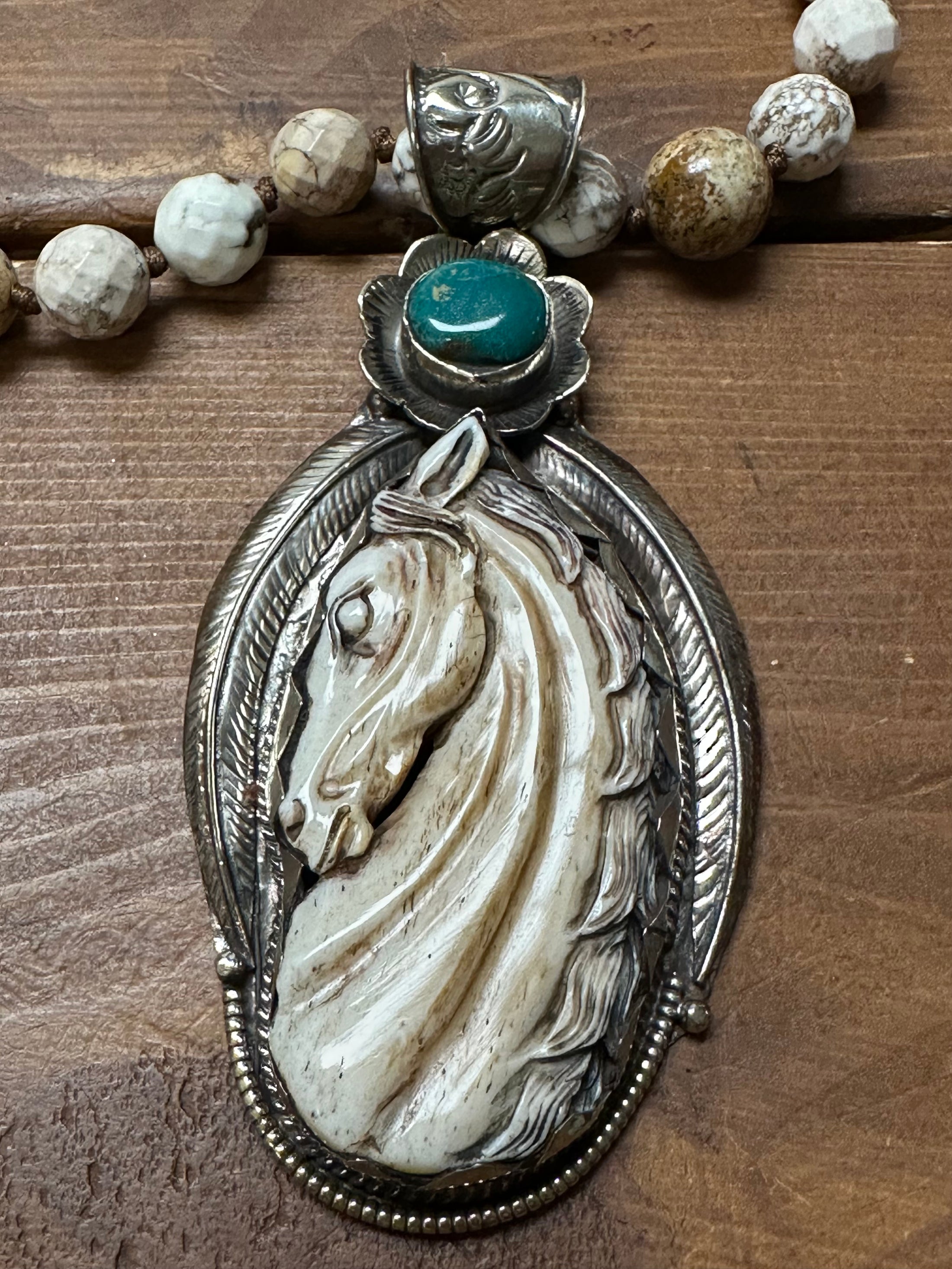 Hand-Carved Bone Horse Necklace with Turquoise Accents – Artisan Made in Nepal