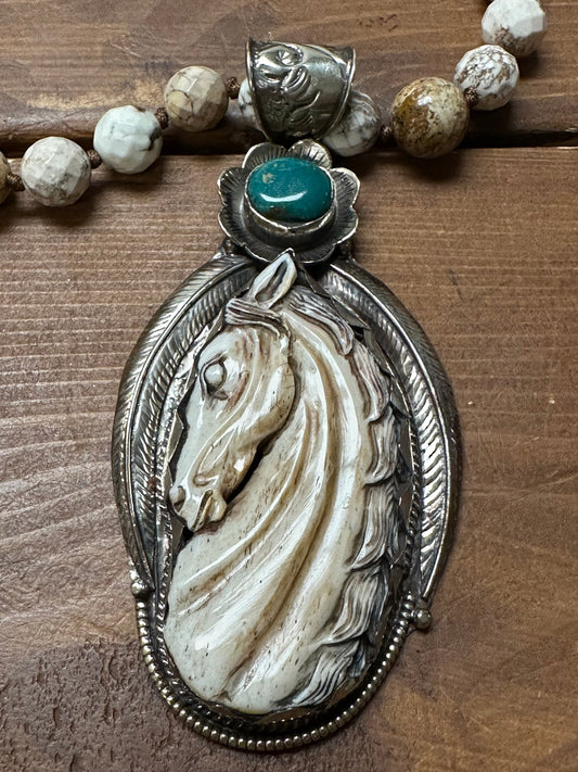 Hand-Carved Bone Horse Necklace with Turquoise Accents – Artisan Made in Nepal