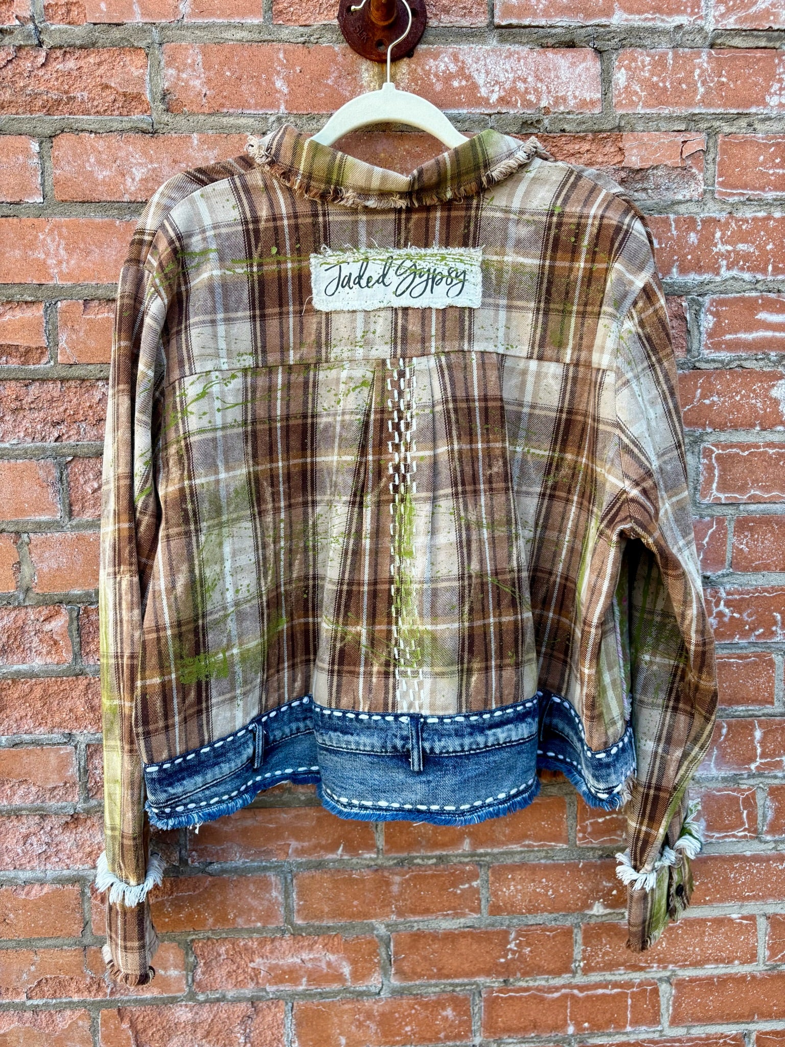 Sagebrush Flannel by Jaded Gypsy – Patchwork Boho Button-Up in Taupe