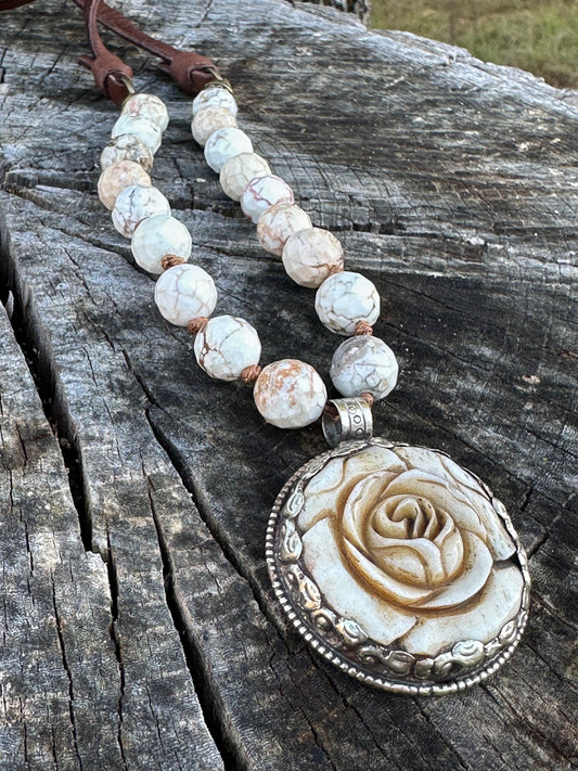 Hand Carved Bone Pendant with Rose Design