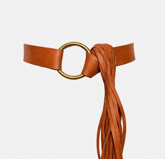 ADA Fringe Leather Wrap Belt in Cognac