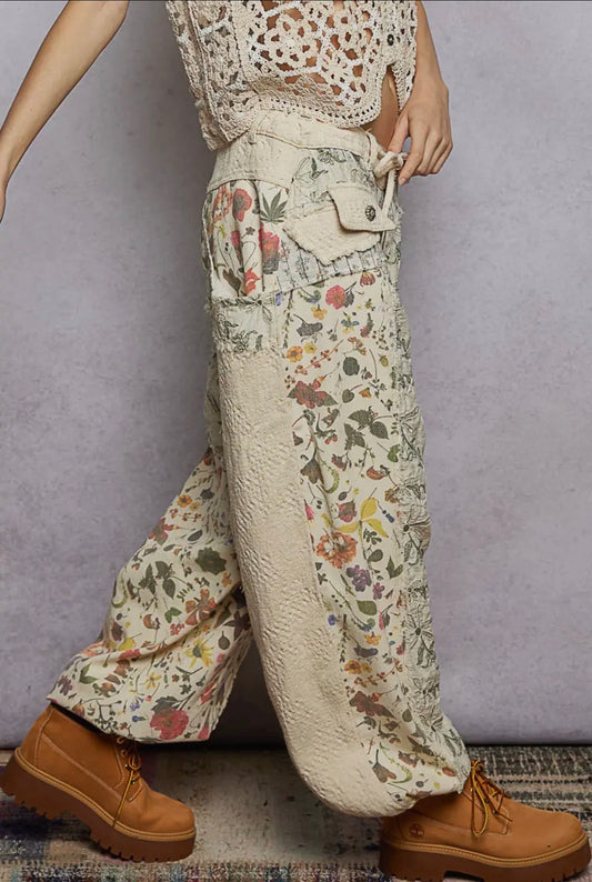 Floral balloon style patchwork pants in cream by POL 
