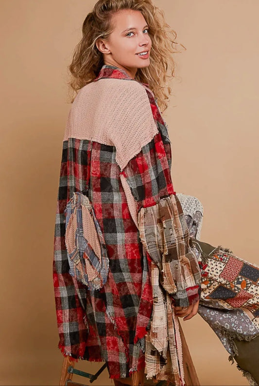 Oversized Plaid Flannel Patch Top