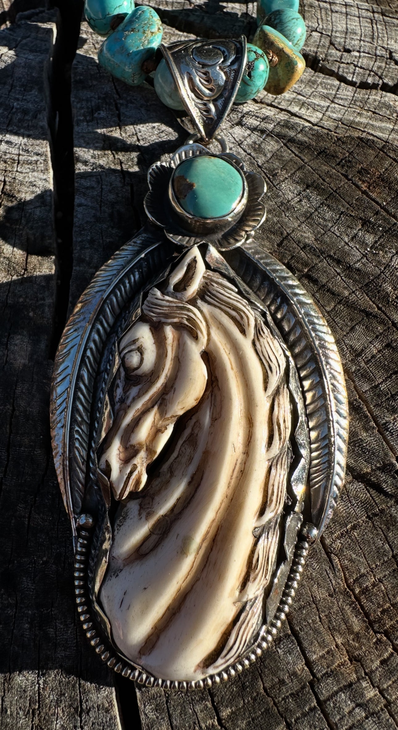 Hand Carved Horse Pendant Necklace- Turquoise & Leather