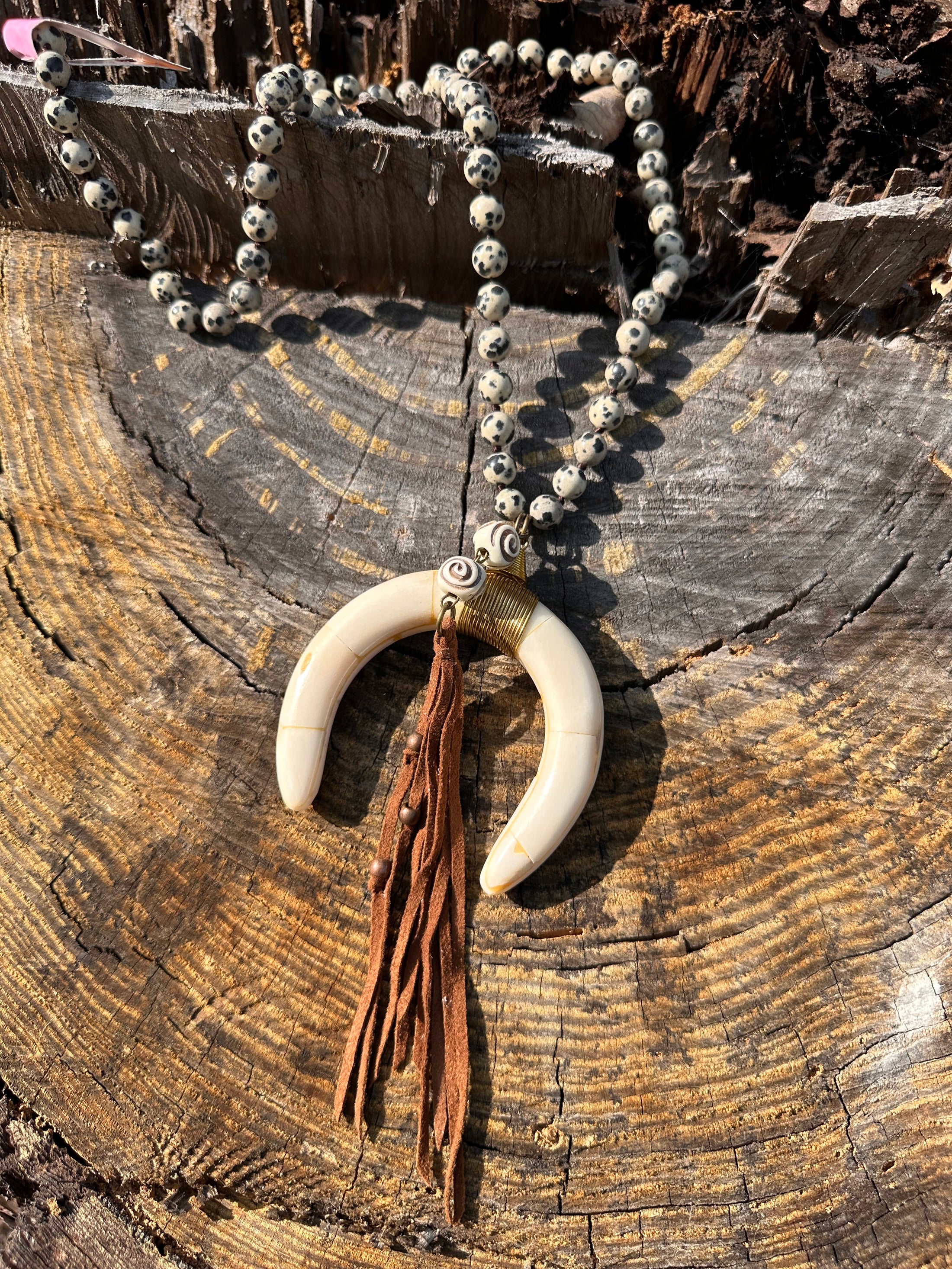 Handmade Bone & Dalmatian Jasper Statement Necklace with Leather Fringe
