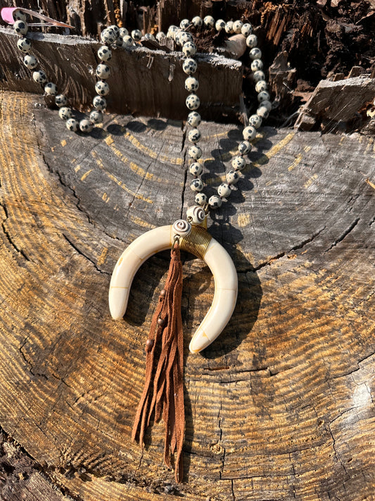 Handmade Bone & Dalmatian Jasper Statement Necklace with Leather Fringe