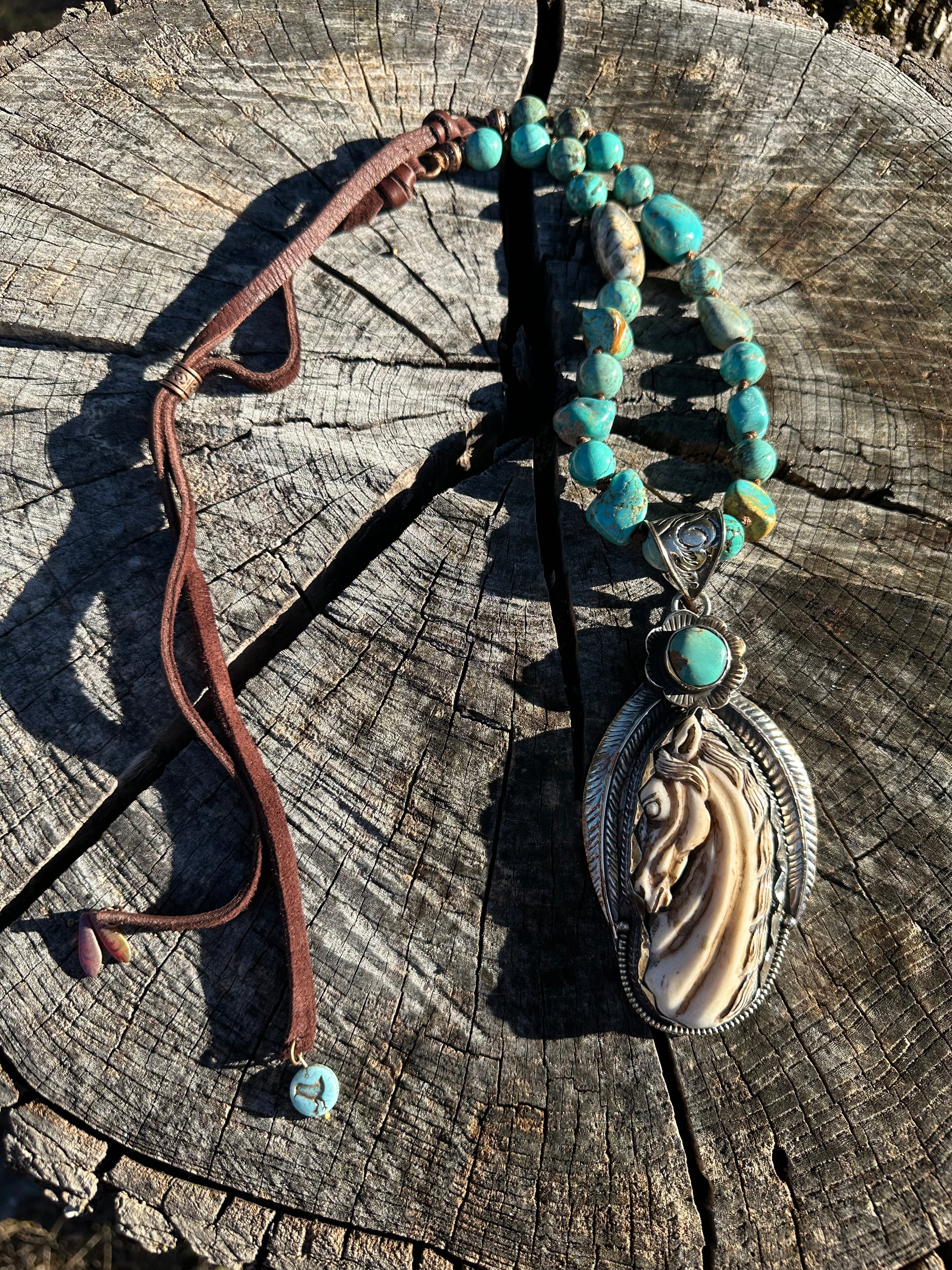 Hand Carved Horse Pendant Necklace- Turquoise & Leather