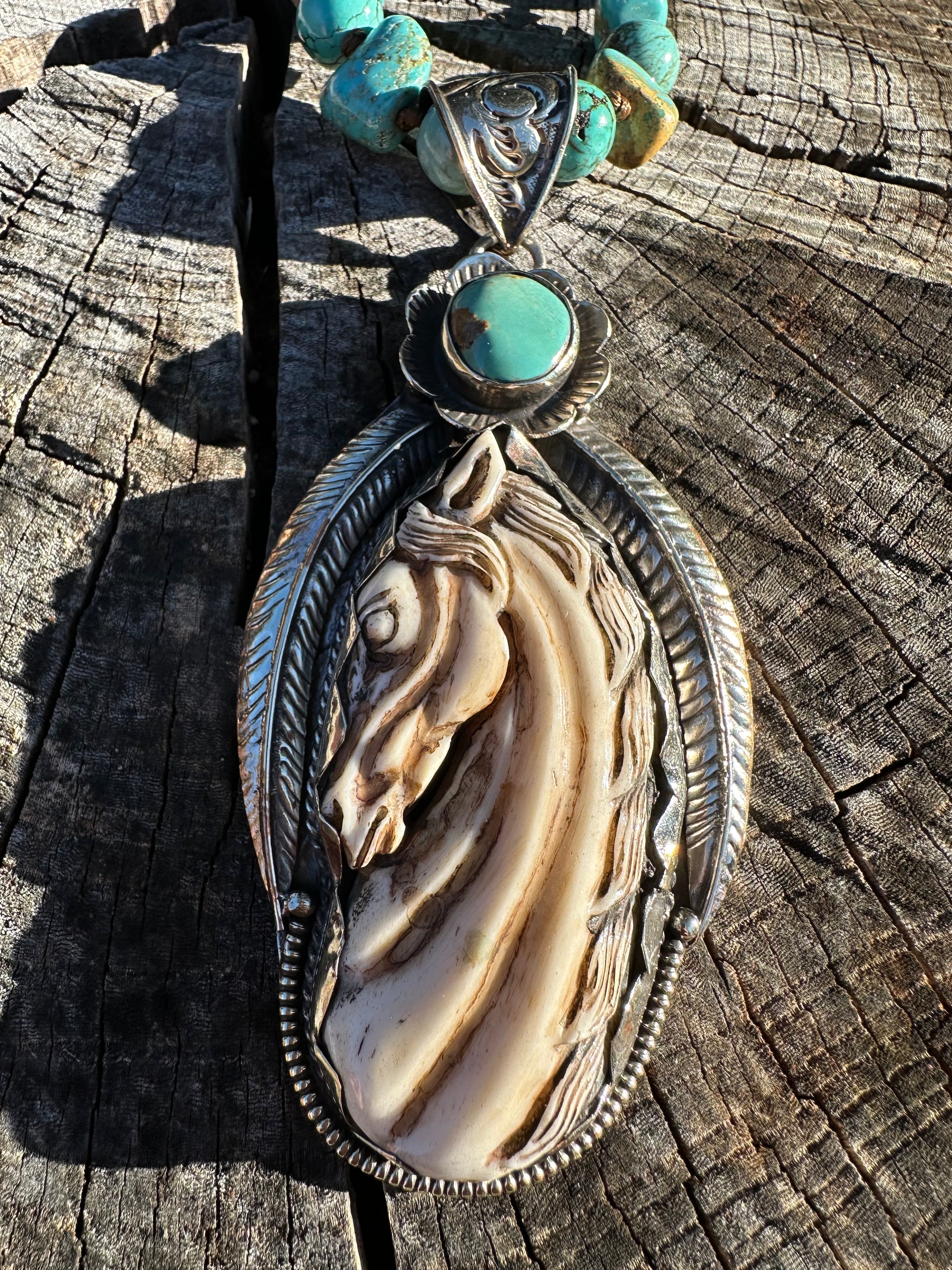 Hand Carved Horse Pendant Necklace- Turquoise & Leather
