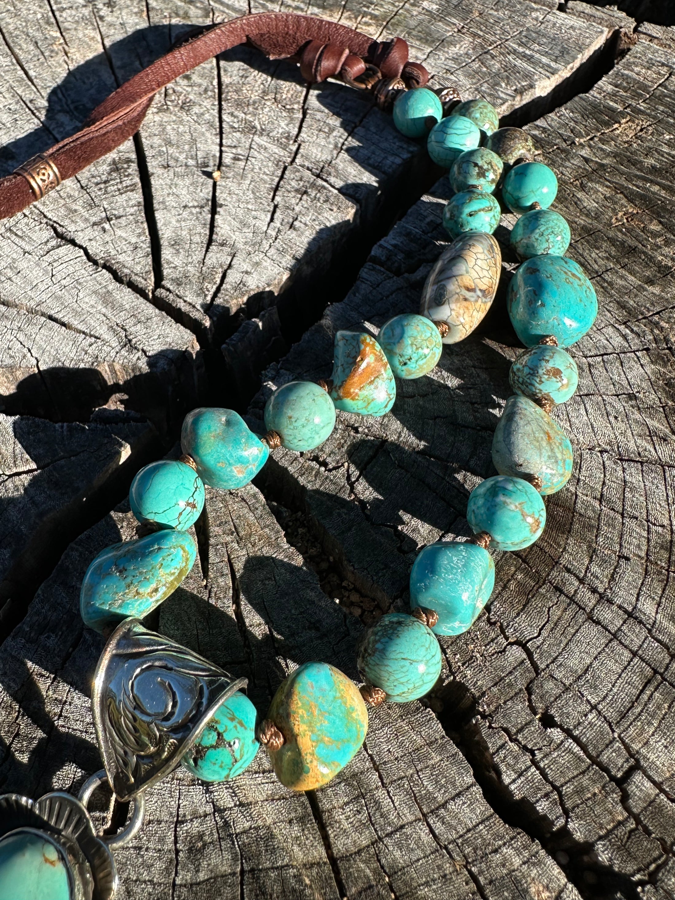 Hand Carved Horse Pendant Necklace- Turquoise & Leather