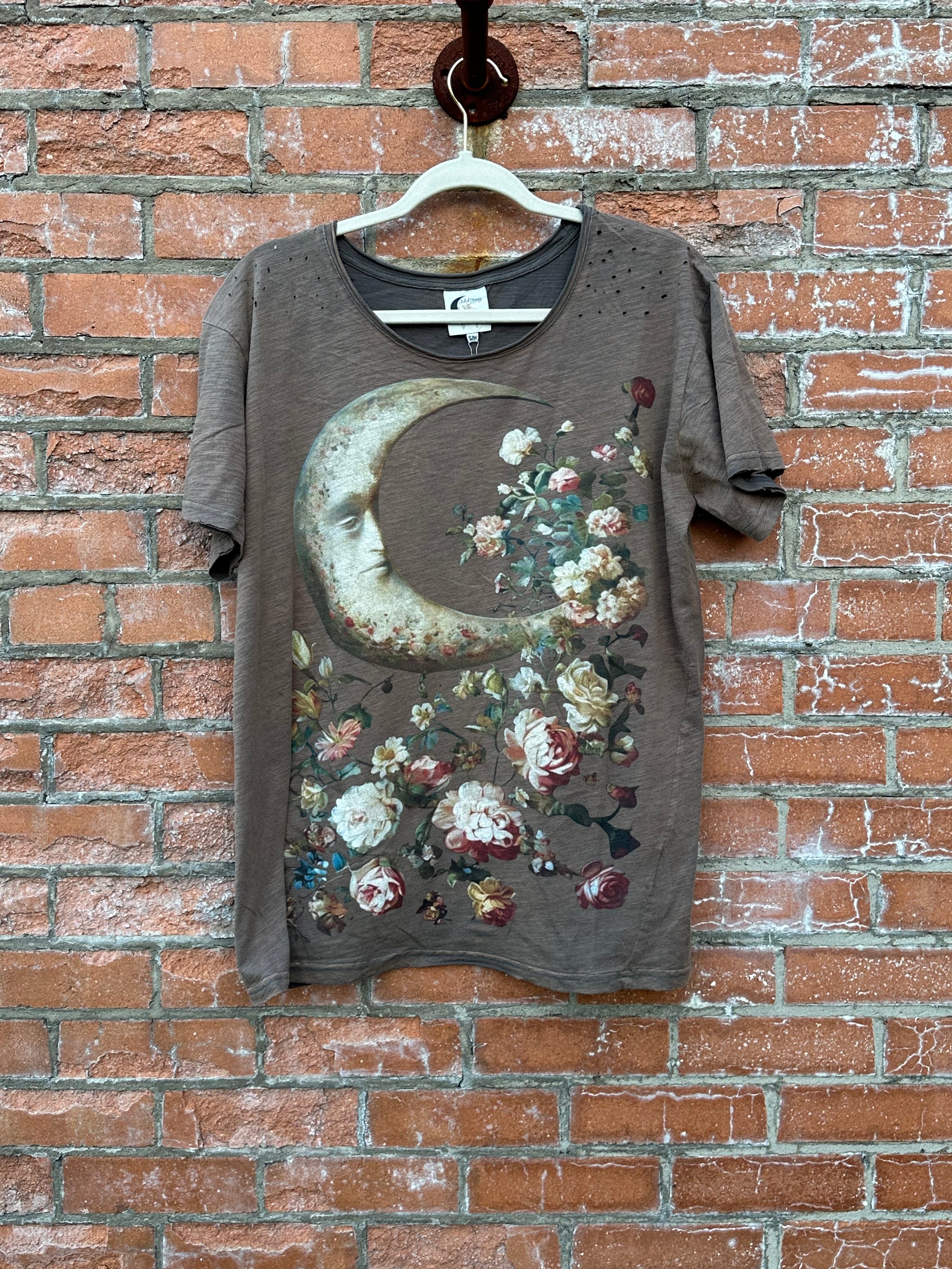 Soft chocolate brown Jaded Gypsy Moon Dance Tee featuring a vintage floral crescent moon graphic. 100% cotton, relaxed fit. Perfect for boho layering.