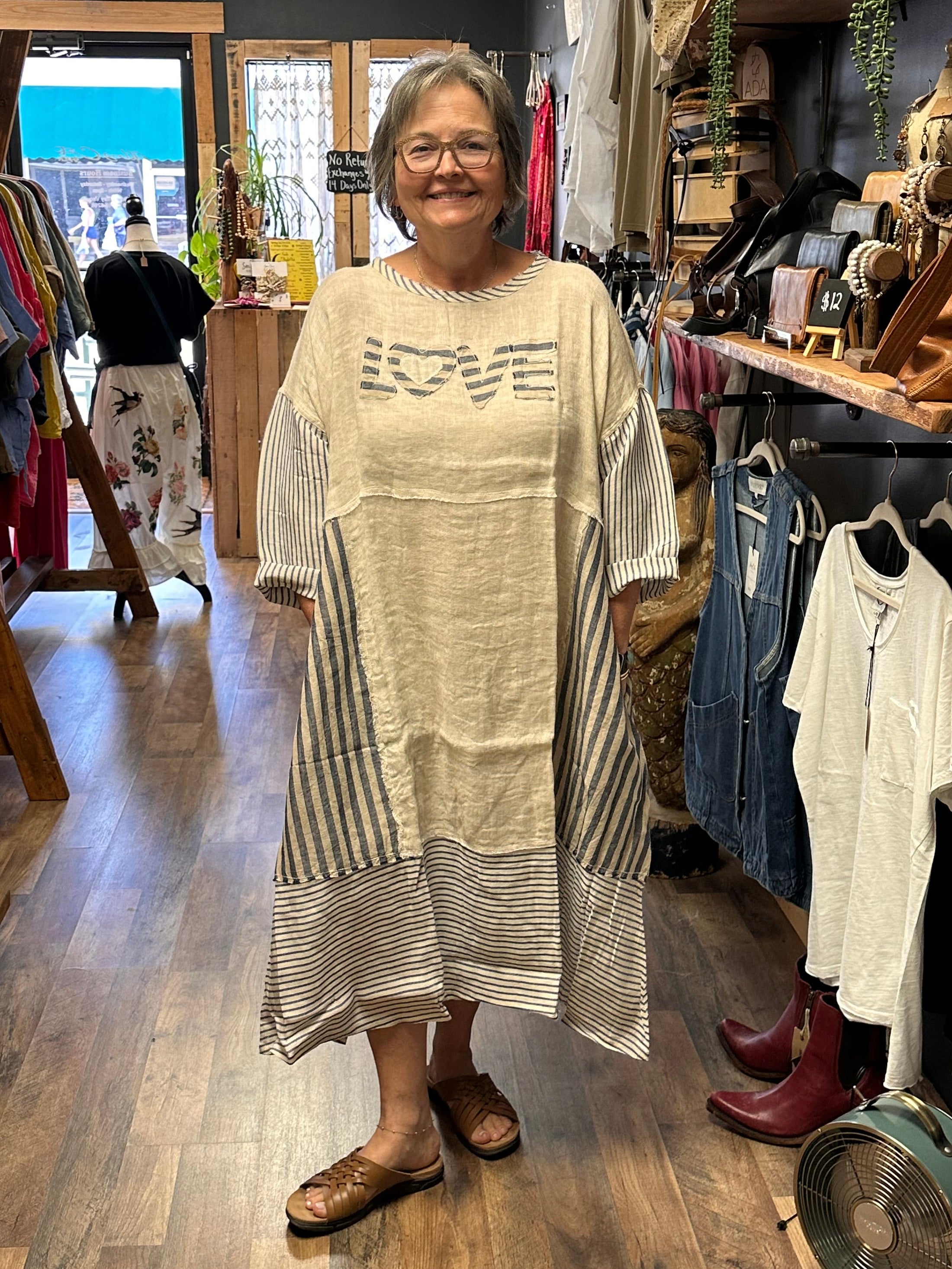 LOVE Patchwork Linen Midi Dress